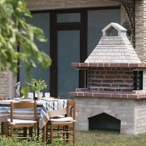 Barbecue da giardino Mediteraneo Mare (Carbone/Legno, 153x75x217 cm, pietra naturale Rhodos, mattone)