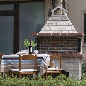 Barbecue da giardino Mediteraneo Mare (Carbone/Legno, 153x75x217 cm, pietra naturale Rhodos, mattone)