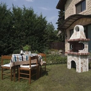 Barbecue tradizionale da giardino (Carbone/Legno, 100x60x210 cm, pietra naturale Rhodos, mattone)