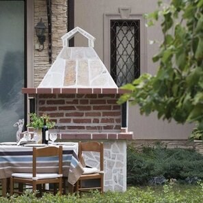 Barbecue tradizionale grande da giardino (Carbone/Legno, 153x70x210 cm, pietra naturale Rhodos, mattone)
