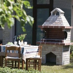 Barbecue mediterraneo medio da giardino (Carbone/Legno, 120x70x210 cm, pietra naturale Rhodos, mattone)