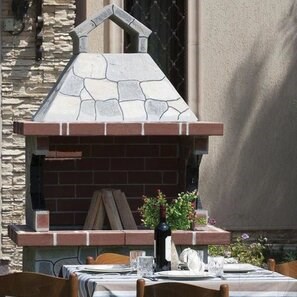 Barbecue tradizionale medio da giardino (Carbone/Legno, 120x70x210 cm, pietra naturale Rhodos, mattone)