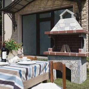 Barbecue tradizionale medio da giardino (Carbone/Legno, 120x70x210 cm, pietra naturale Rhodos, mattone)