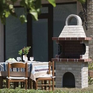Piccolo barbecue mediterraneo da giardino (Carbone/Legno, 100x60x210 cm, pietra naturale Rhodos, mattone)