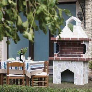 Barbecue tradizionale medio da giardino (Carbone/Legno, 120x70x210 cm, pietra naturale Rhodos, mattone)