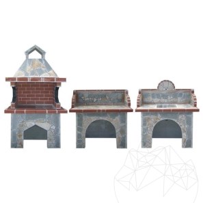 Set di mobili da giardino, tradizionale (barbecue medio, carbone/legno, tavolo, lavello) - pietra poligonale, mattone