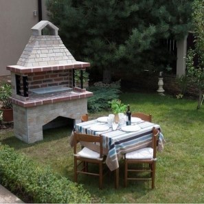 Barbecue da giardino Mediteraneo Mare (Carbone/Legno, 153x75x217 cm, pietra naturale Rhodos, mattone)
