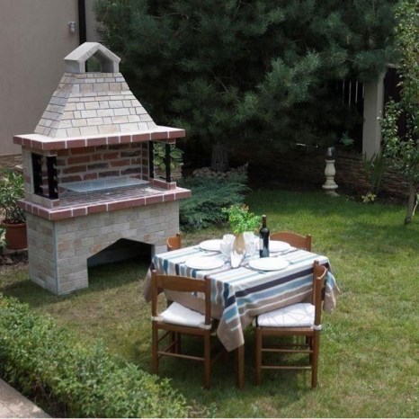 Barbecue da giardino Mediteraneo Mare (Carbone/Legno, 153x75x217 cm, pietra naturale Rhodos, mattone)