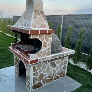 Grill + Forno tradizionale integrato (Carbone/Legno, 208x120x155 cm, 1200 kg, pietra naturale Rhodos, mattone)