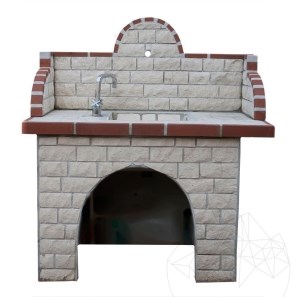 Set di mobili da giardino mediterranei - Tavolo da barbecue + lavello (135x120x60 cm, 450 kg, pietra naturale di Vratza, mattone)